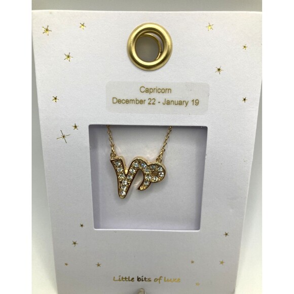 LITTLE BITS Of LUXE Zodiac CAPRICORN Sign Necklace Gold Tone Rhinestone - Picture 2 of 4